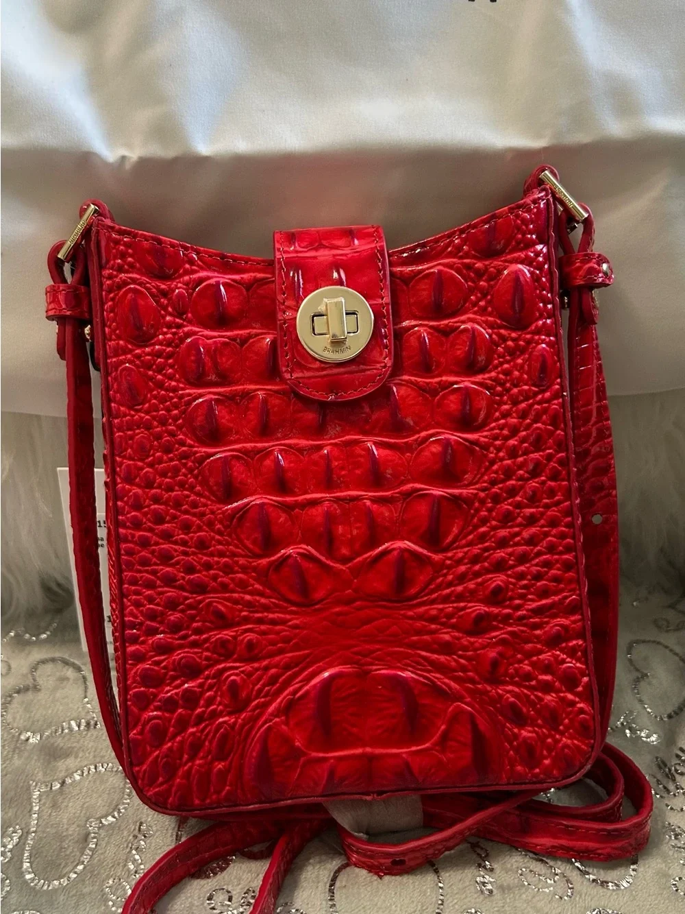 NWT Brahmin Sriracha Red Melbourne Marley Croco-Embossed Crossbody w/Turn-Lock